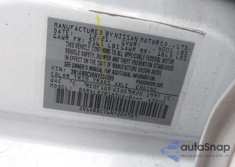 2022 Nissan Sentra Sv Xtronic Cvt z USA, uszkodzony, nr VIN 3N1AB8CV6NY224989